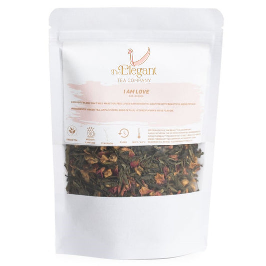 I am Love - Exquisite Green Tea Blend, with Rose Petals, Apple Pieces and Lychee Flavor - a Delightfully Refreshing and Romantic Tea Experience. 5 oz pouch.